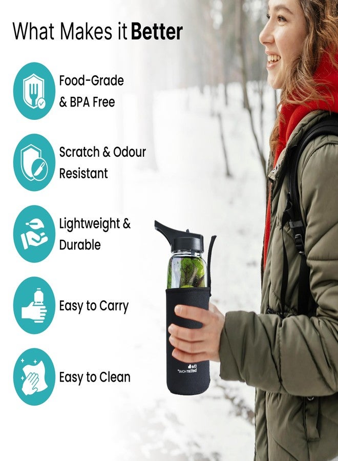 The Better Home زجاجة مياه من زجاج البوروسيليكات من ذا بيتر هوم، سعة 650 مل، مزودة بغطاء واقٍ، مناسبة للمكتب، النادي الرياضي، والمدرسة، مانعة للتسرب وخالية من مادة BPA، مصنوعة من زجاج مقاوم للكسر - عبوة واحدة، لون أسود - Image 2